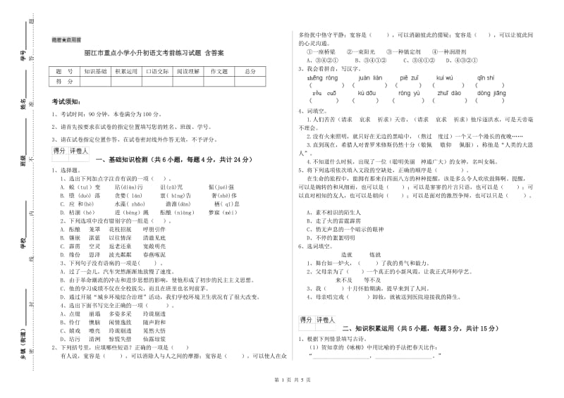 丽江市重点小学小升初语文考前练习试题 含答案.doc_第1页