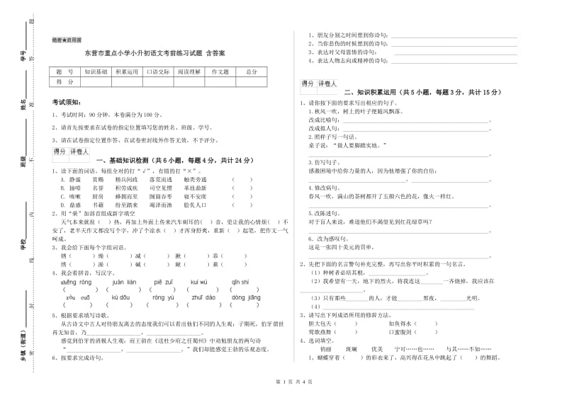 东营市重点小学小升初语文考前练习试题 含答案.doc_第1页