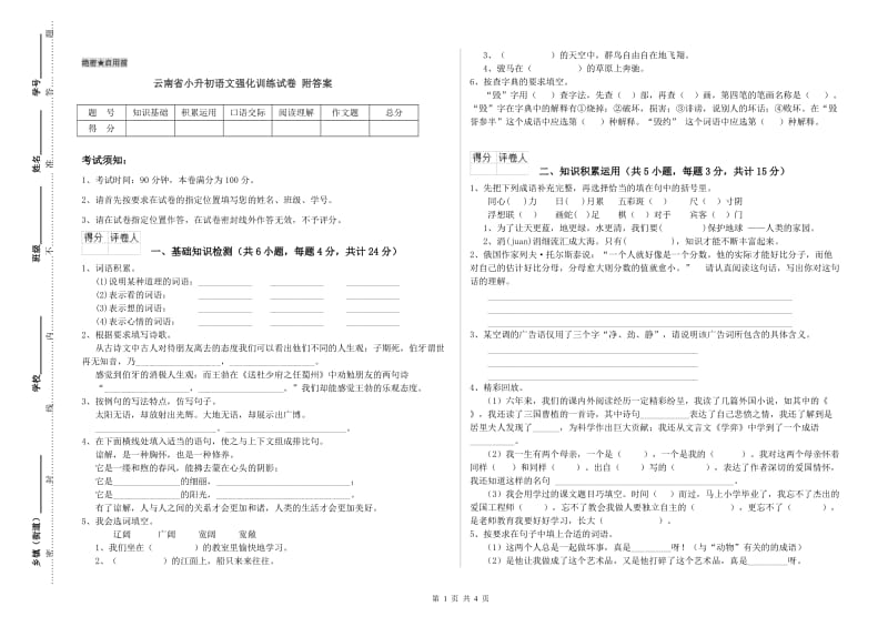 云南省小升初语文强化训练试卷 附答案.doc_第1页