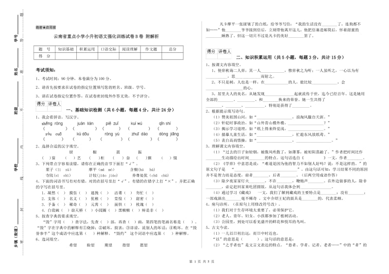 云南省重点小学小升初语文强化训练试卷B卷 附解析.doc_第1页