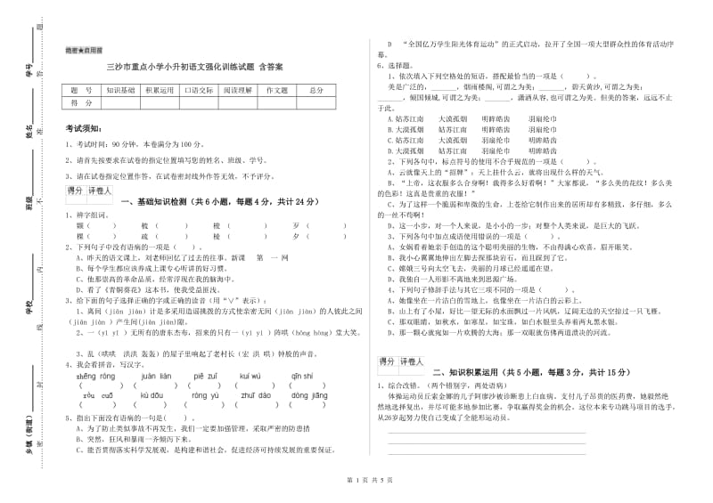 三沙市重点小学小升初语文强化训练试题 含答案.doc_第1页