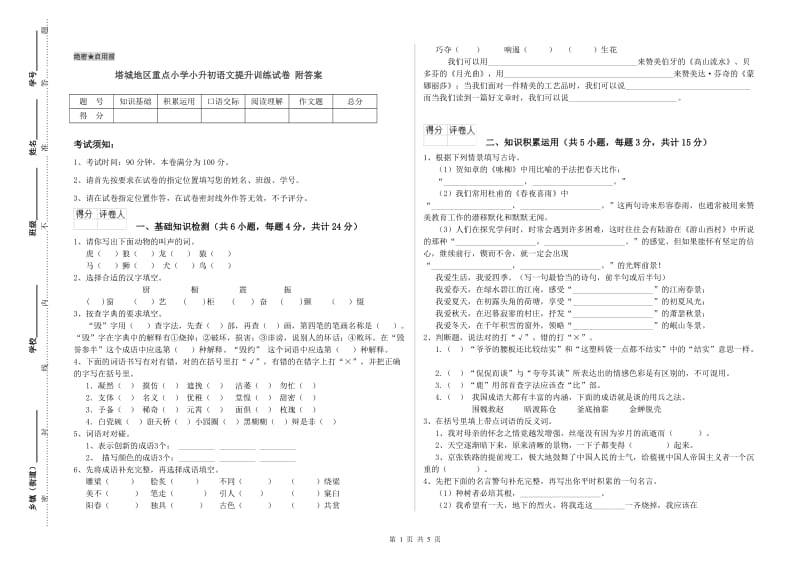 塔城地区重点小学小升初语文提升训练试卷 附答案.doc_第1页