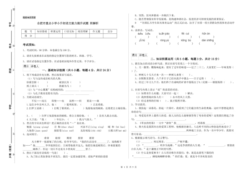 合肥市重点小学小升初语文能力提升试题 附解析.doc_第1页