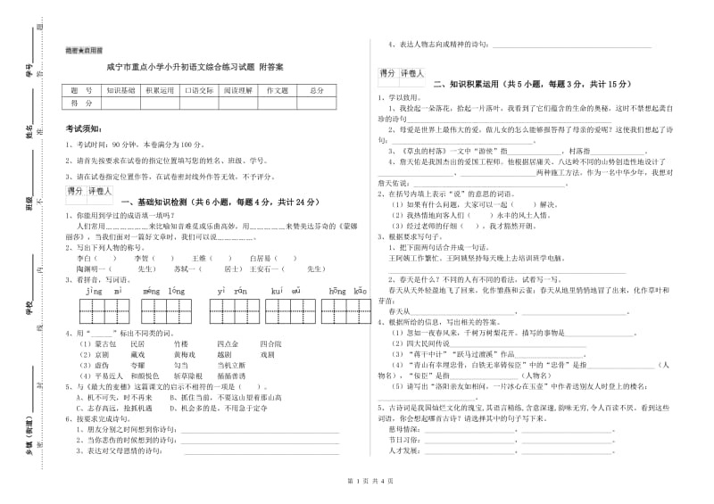 咸宁市重点小学小升初语文综合练习试题 附答案.doc_第1页