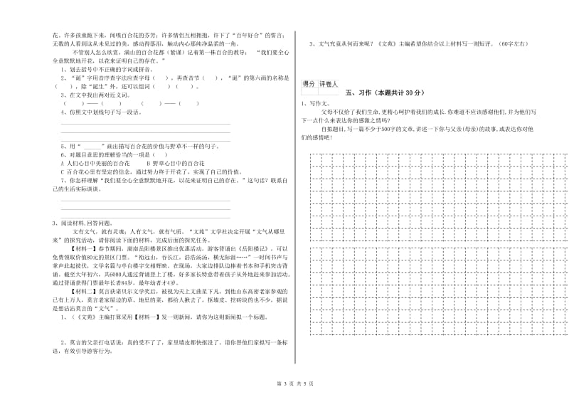 宜春市实验小学六年级语文【下册】期末考试试题 含答案.doc_第3页