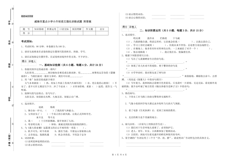 威海市重点小学小升初语文强化训练试题 附答案.doc_第1页