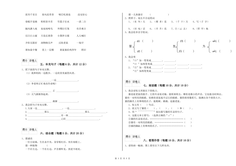 和田地区实验小学一年级语文【上册】开学检测试题 附答案.doc_第3页