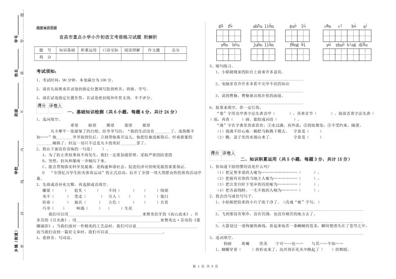 宜昌市重点小学小升初语文考前练习试题 附解析.doc_第1页