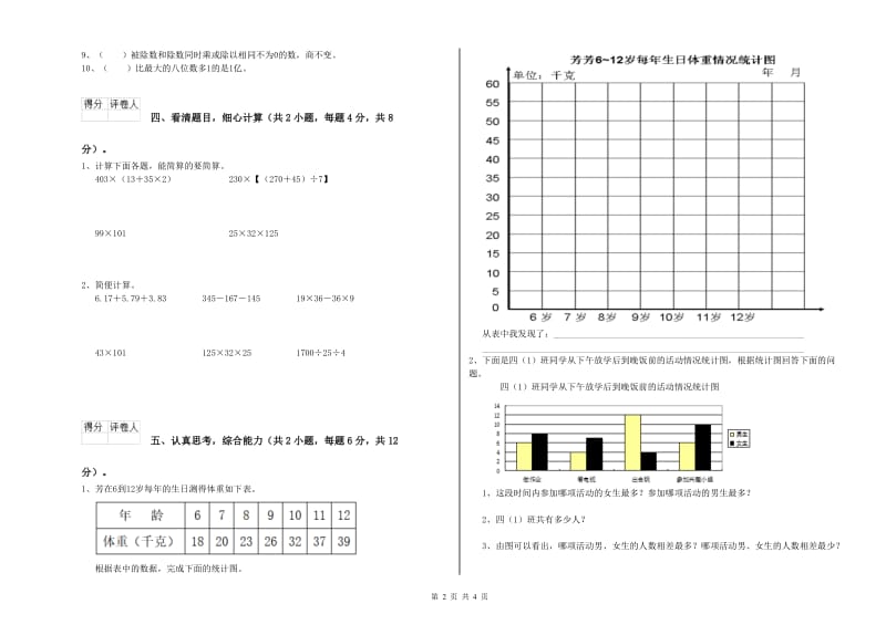 吉林省重点小学四年级数学【下册】开学检测试题 附答案.doc_第2页