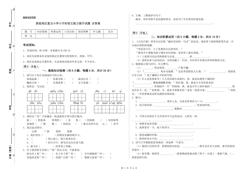 娄底地区重点小学小升初语文能力提升试题 含答案.doc_第1页