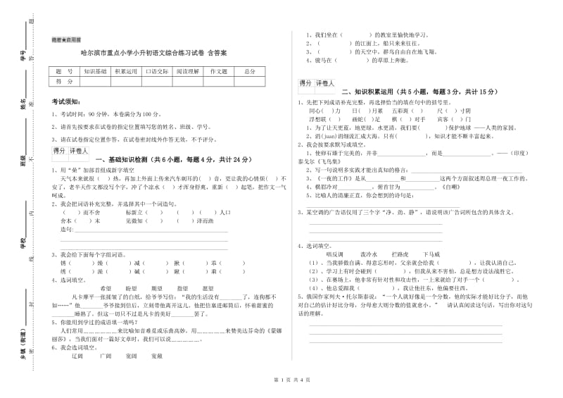 哈尔滨市重点小学小升初语文综合练习试卷 含答案.doc_第1页