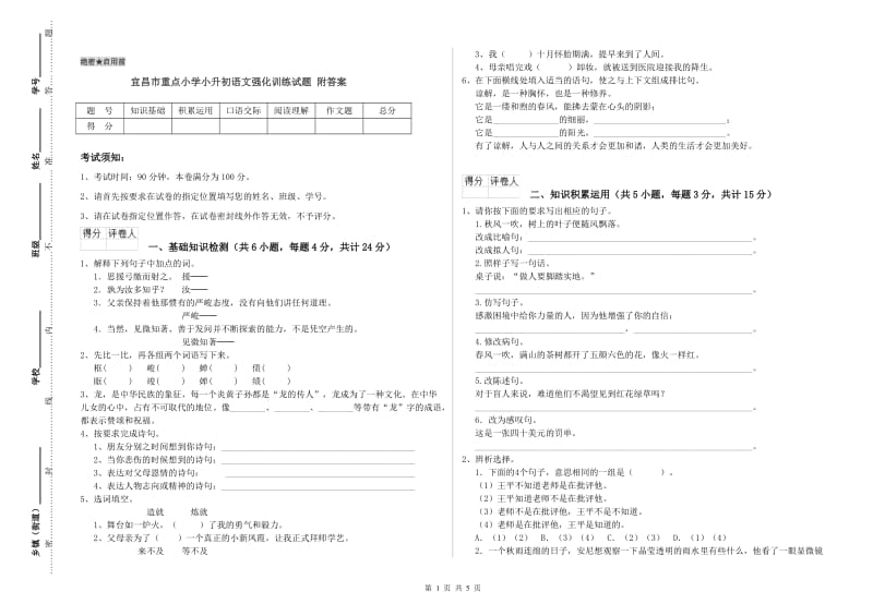 宜昌市重点小学小升初语文强化训练试题 附答案.doc_第1页