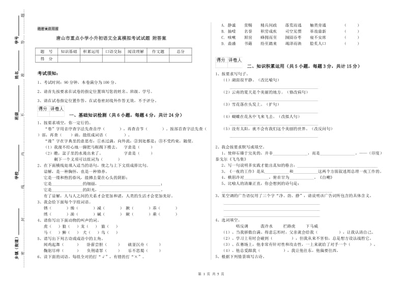 唐山市重点小学小升初语文全真模拟考试试题 附答案.doc_第1页