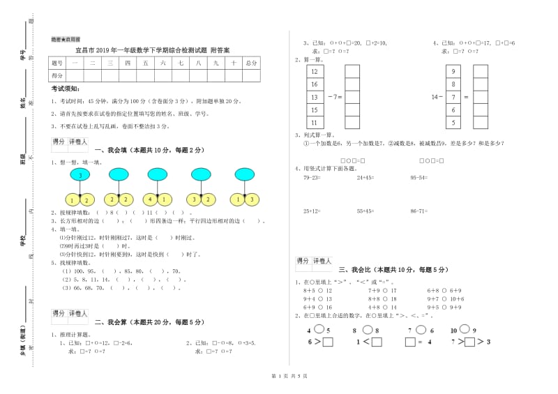 宜昌市2019年一年级数学下学期综合检测试题 附答案.doc_第1页