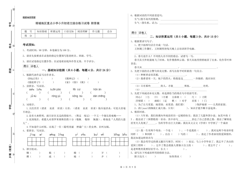 塔城地区重点小学小升初语文综合练习试卷 附答案.doc_第1页