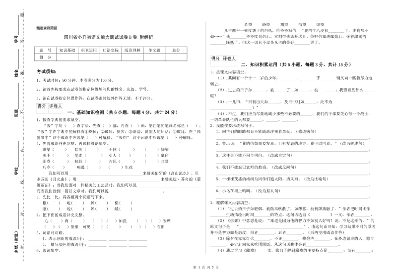 四川省小升初语文能力测试试卷B卷 附解析.doc_第1页