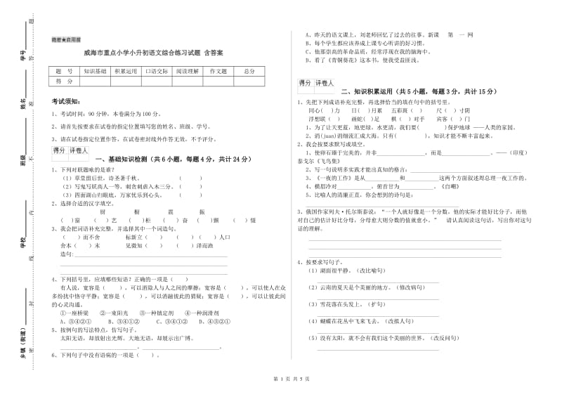 威海市重点小学小升初语文综合练习试题 含答案.doc_第1页