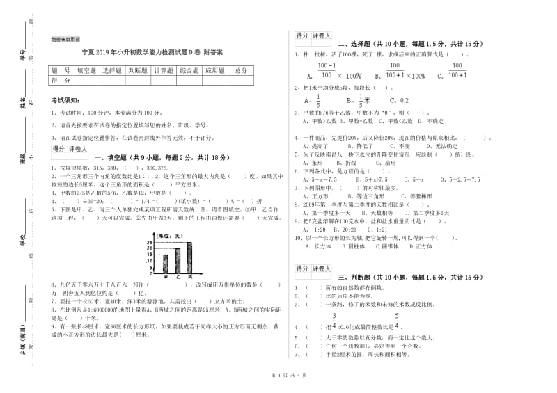 宁夏2019年小升初数学能力检测试题D卷 附答案.doc_第1页