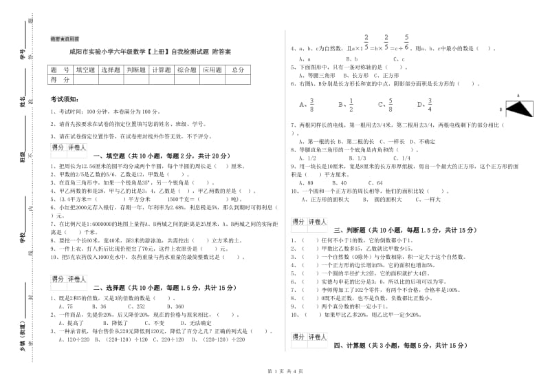 咸阳市实验小学六年级数学【上册】自我检测试题 附答案.doc_第1页
