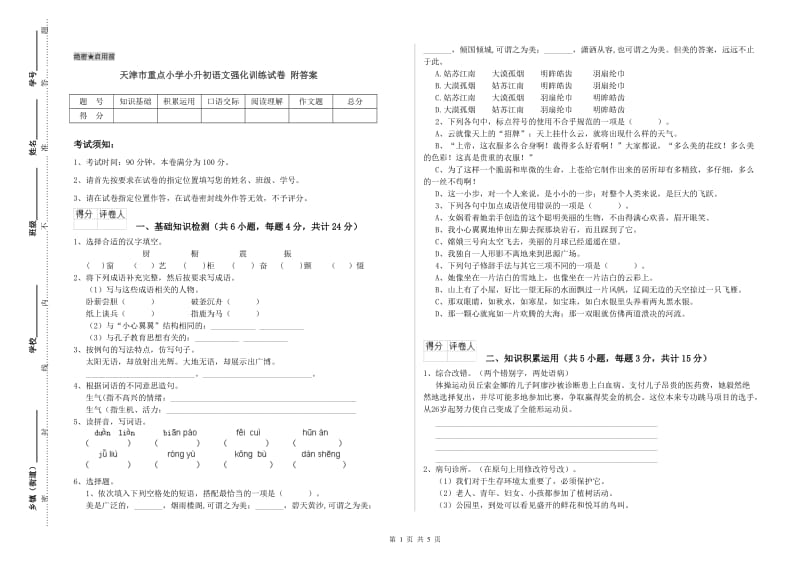 天津市重点小学小升初语文强化训练试卷 附答案.doc_第1页