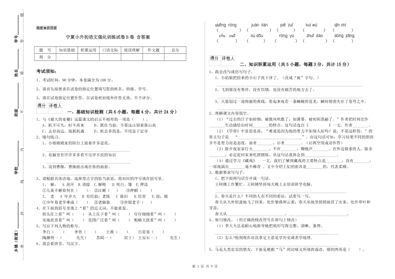 宁夏小升初语文强化训练试卷B卷 含答案.doc_第1页