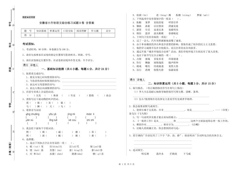 安徽省小升初语文综合练习试题B卷 含答案.doc_第1页