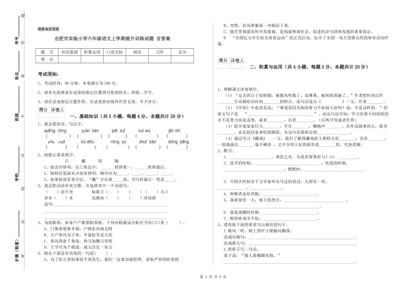 合肥市实验小学六年级语文上学期提升训练试题 含答案.doc_第1页