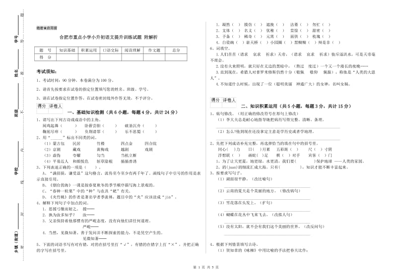 合肥市重点小学小升初语文提升训练试题 附解析.doc_第1页