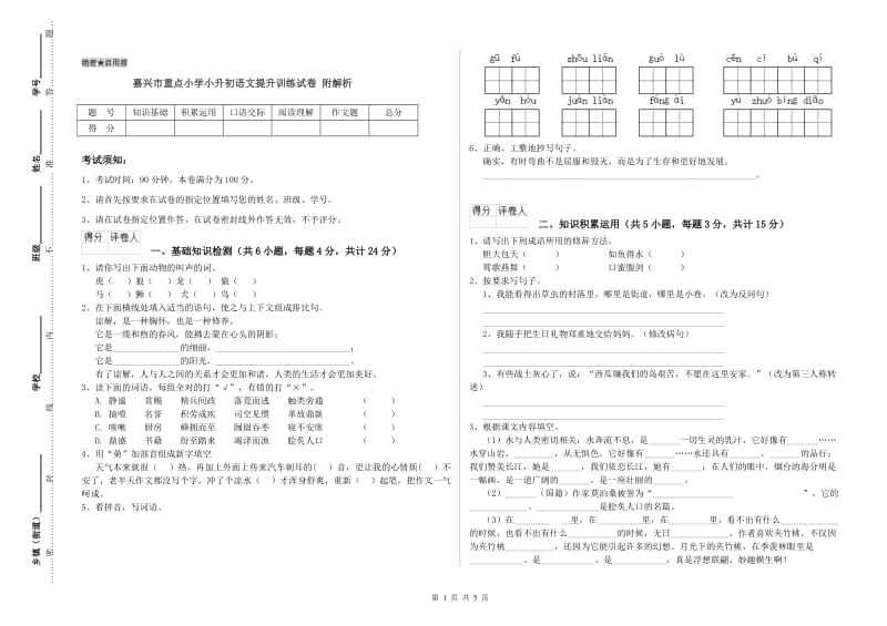 嘉兴市重点小学小升初语文提升训练试卷 附解析.doc_第1页