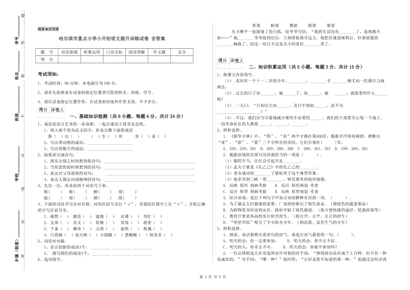 哈尔滨市重点小学小升初语文提升训练试卷 含答案.doc_第1页