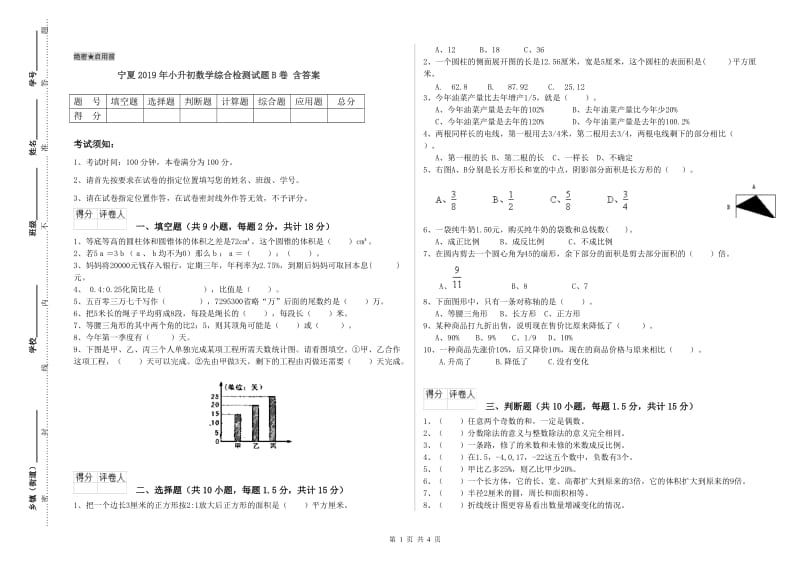 宁夏2019年小升初数学综合检测试题B卷 含答案.doc_第1页