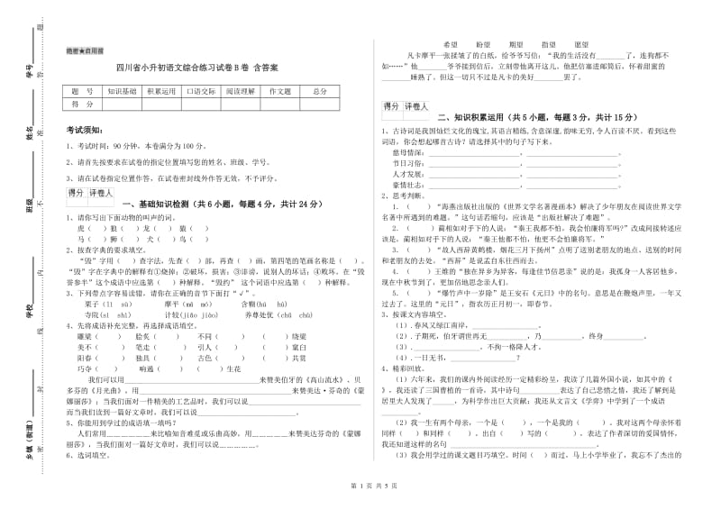 四川省小升初语文综合练习试卷B卷 含答案.doc_第1页