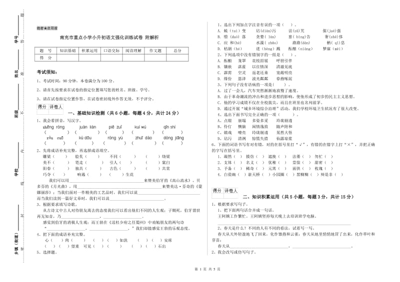 南充市重点小学小升初语文强化训练试卷 附解析.doc_第1页