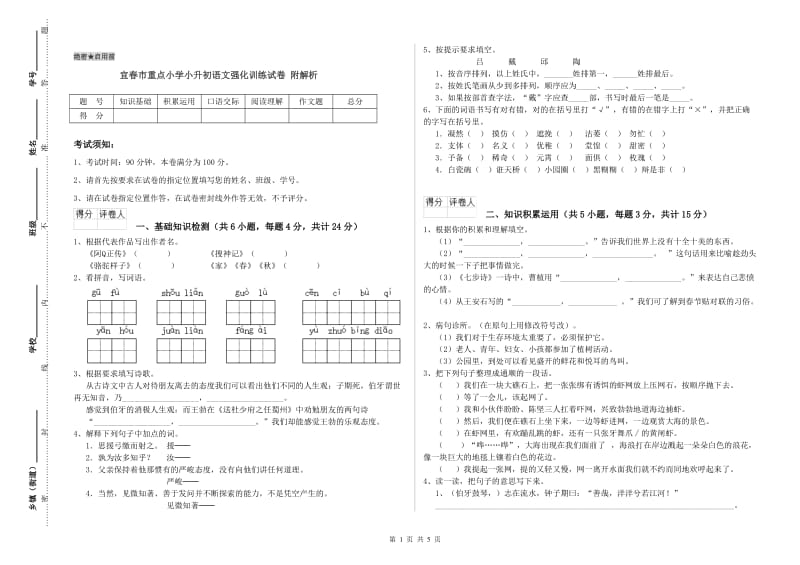 宜春市重点小学小升初语文强化训练试卷 附解析.doc_第1页