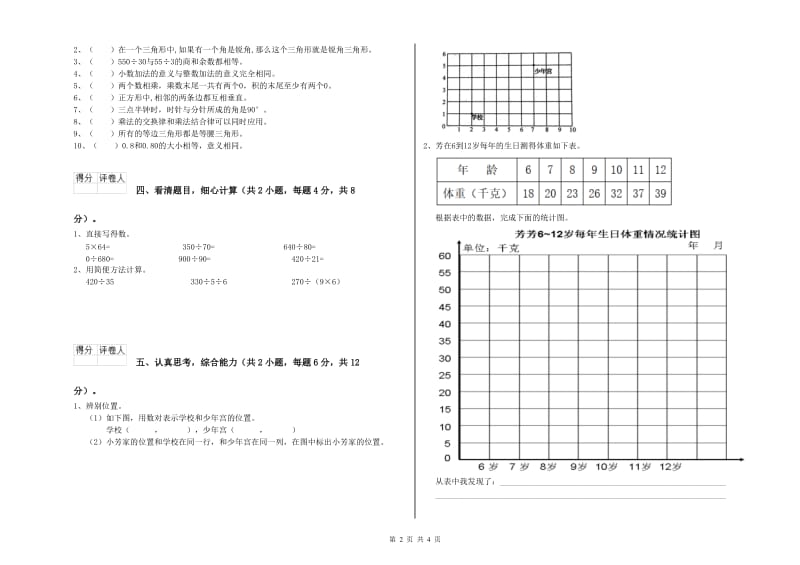 安徽省2020年四年级数学下学期期末考试试卷 附答案.doc_第2页