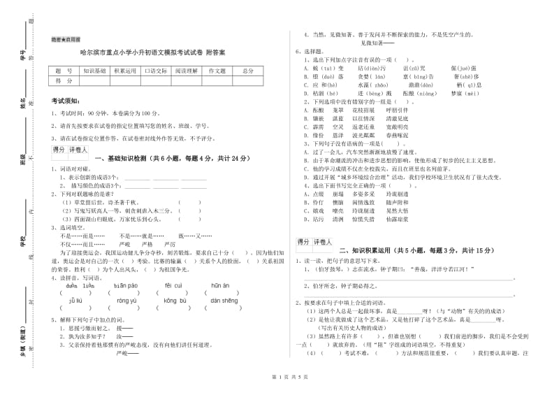 哈尔滨市重点小学小升初语文模拟考试试卷 附答案.doc_第1页