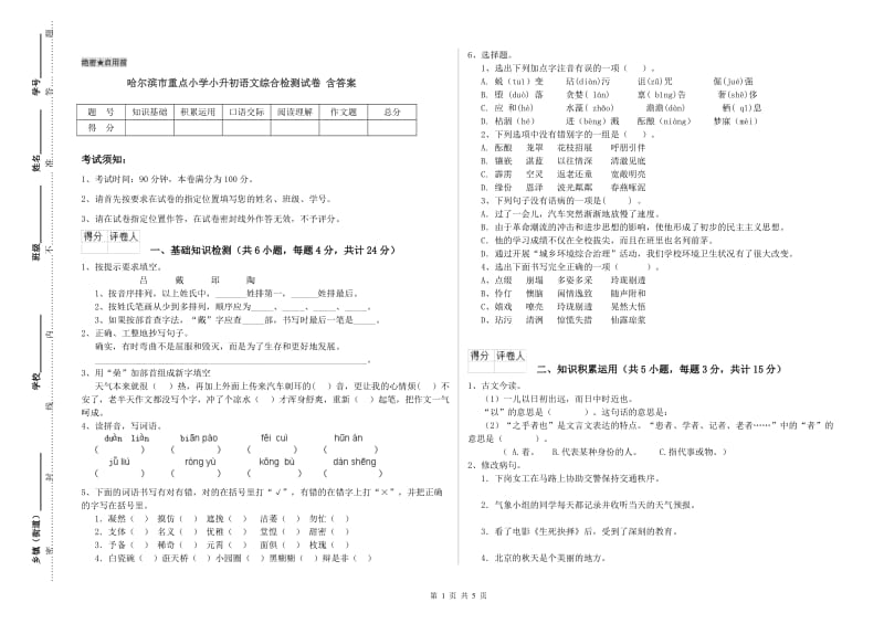 哈尔滨市重点小学小升初语文综合检测试卷 含答案.doc_第1页