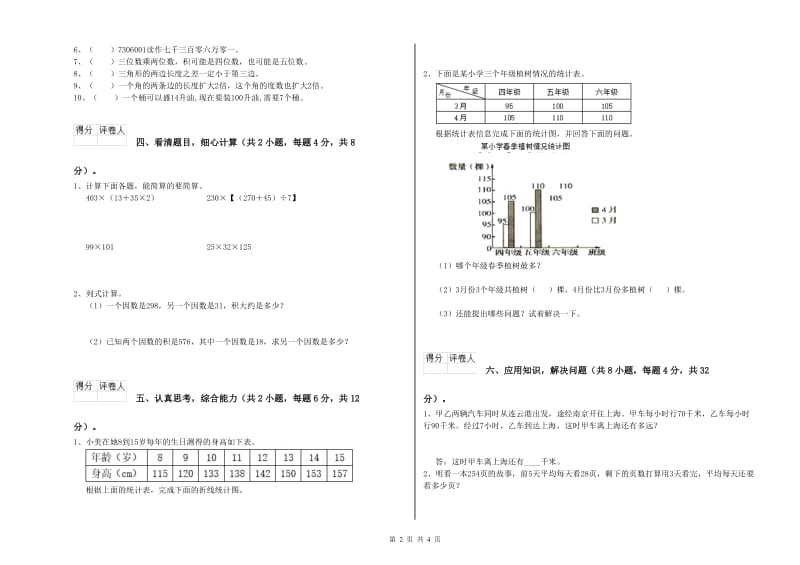 安徽省2020年四年级数学【下册】全真模拟考试试题 附解析.doc_第2页