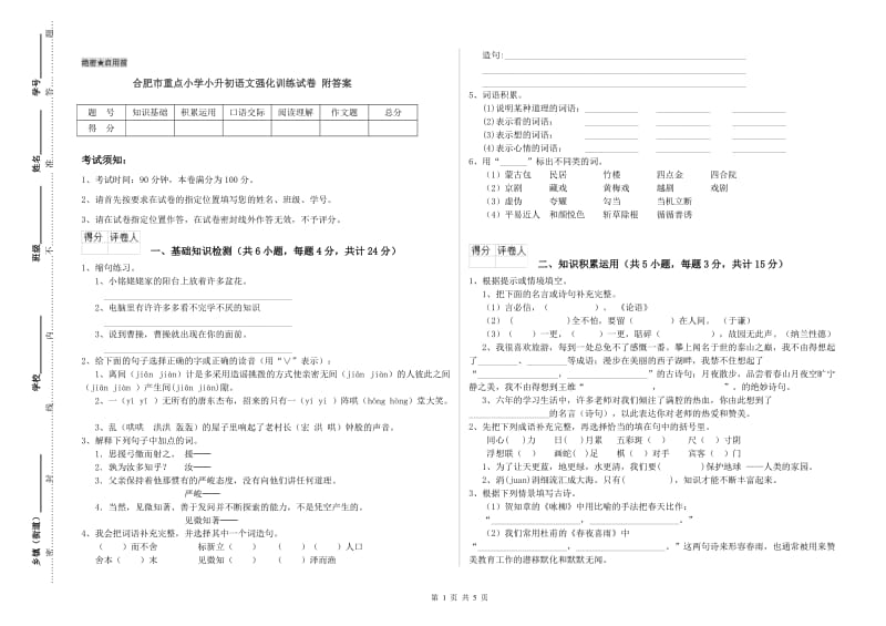 合肥市重点小学小升初语文强化训练试卷 附答案.doc_第1页