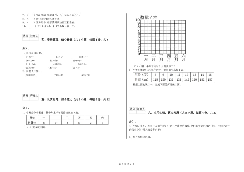 吉林省重点小学四年级数学【下册】能力检测试卷 附解析.doc_第2页