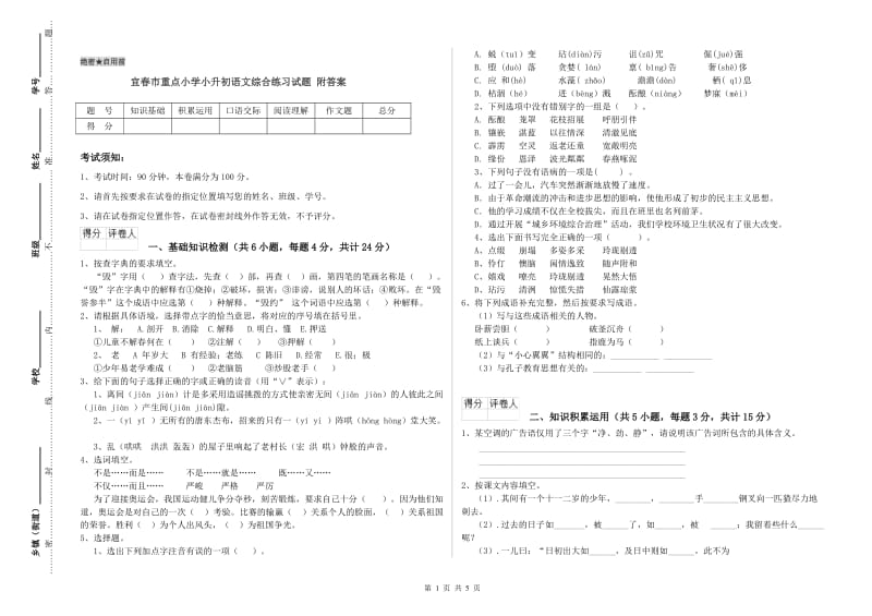 宜春市重点小学小升初语文综合练习试题 附答案.doc_第1页