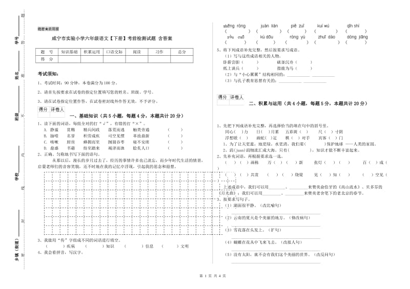 咸宁市实验小学六年级语文【下册】考前检测试题 含答案.doc_第1页