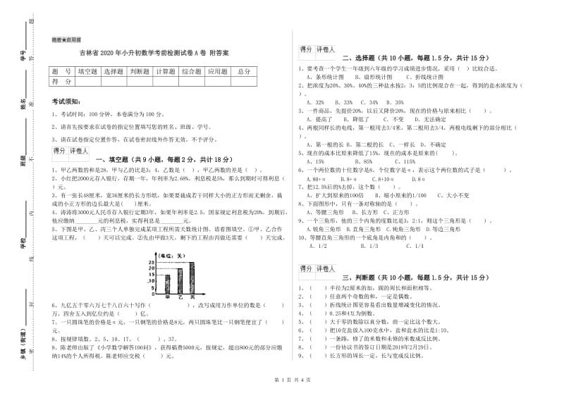 吉林省2020年小升初数学考前检测试卷A卷 附答案.doc_第1页