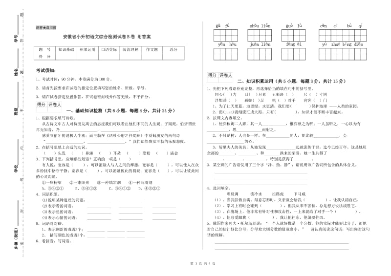 安徽省小升初语文综合检测试卷B卷 附答案.doc_第1页