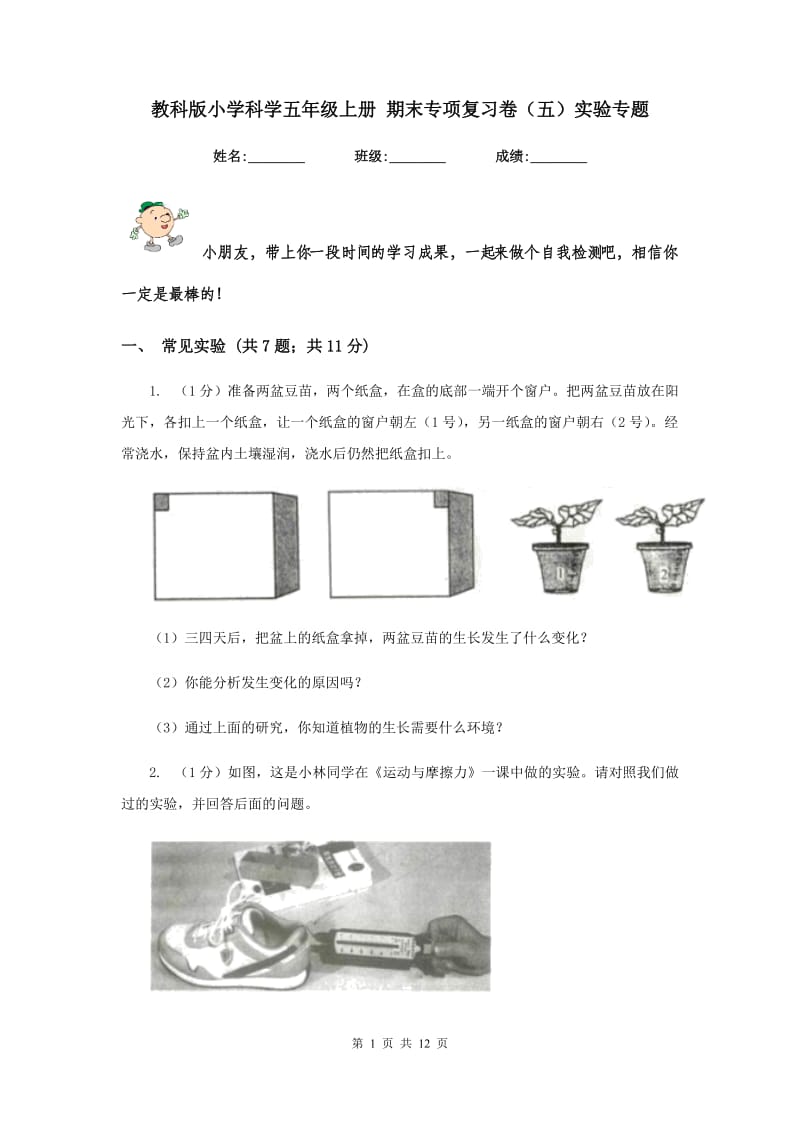 教科版小学科学五年级上册 期末专项复习卷（五）实验专题.doc_第1页