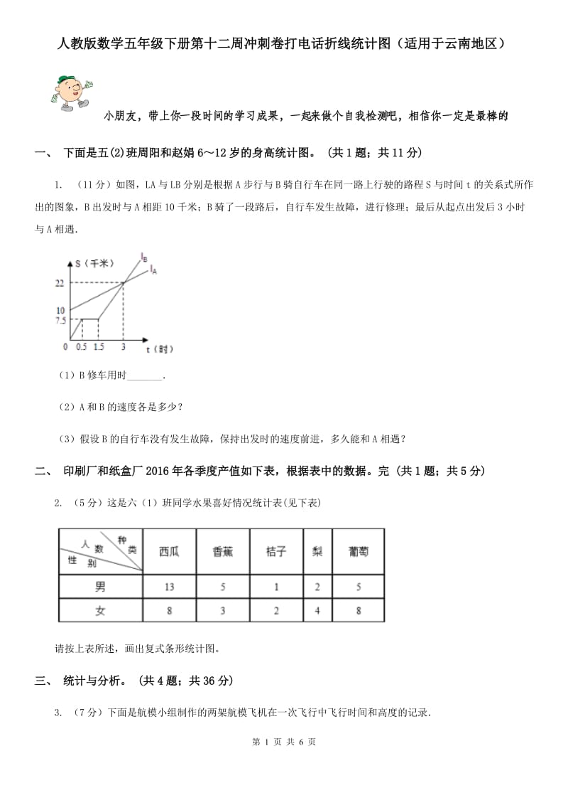 人教版数学五年级下册第十二周冲刺卷打电话折线统计图（适用于云南地区）.doc_第1页