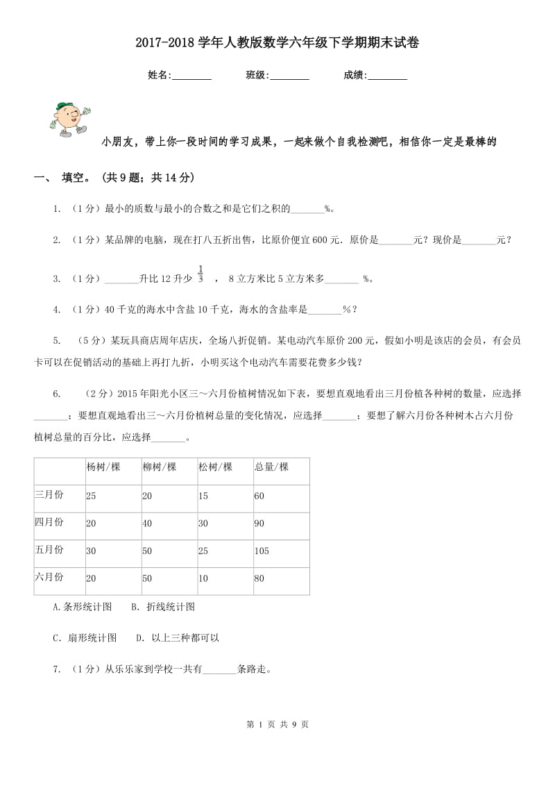 2017-2018学年人教版数学六年级下学期期末试卷.doc_第1页