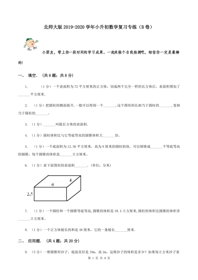 北师大版2019-2020学年小升初数学复习专练（B卷）.doc_第1页