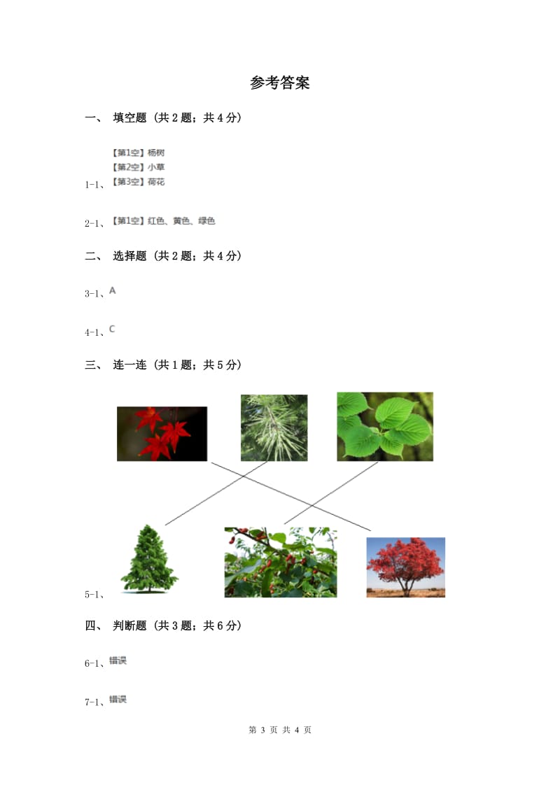 教科版小学科学一年级上学期第一单元第四课《这是谁的叶》（II ）卷.doc_第3页