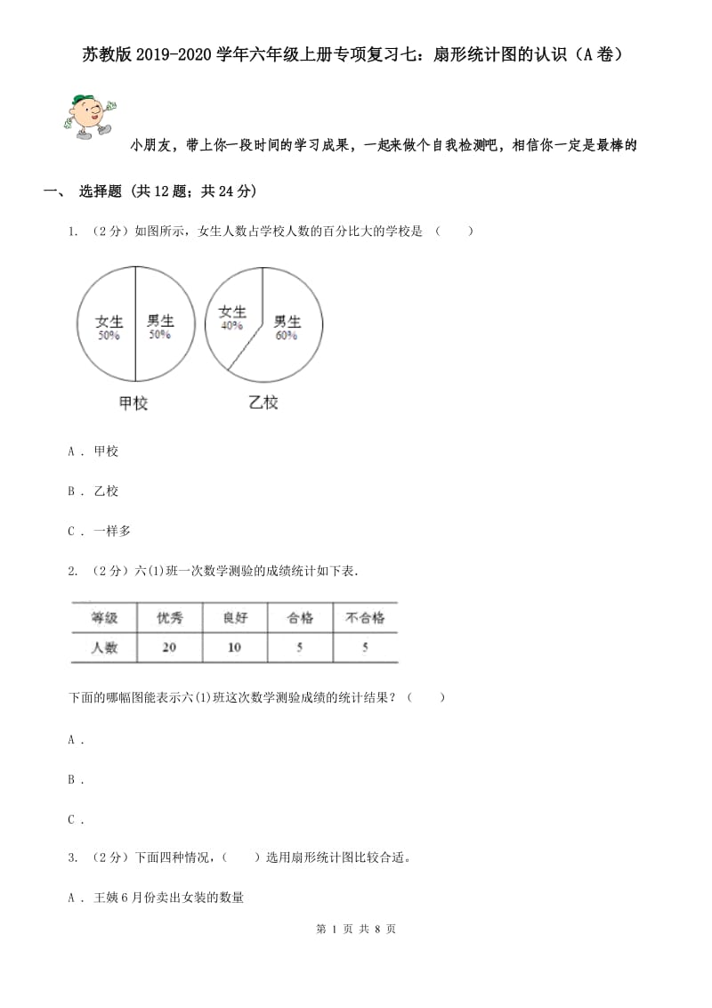 苏教版2019-2020学年六年级上册专项复习七：扇形统计图的认识（A卷）.doc_第1页